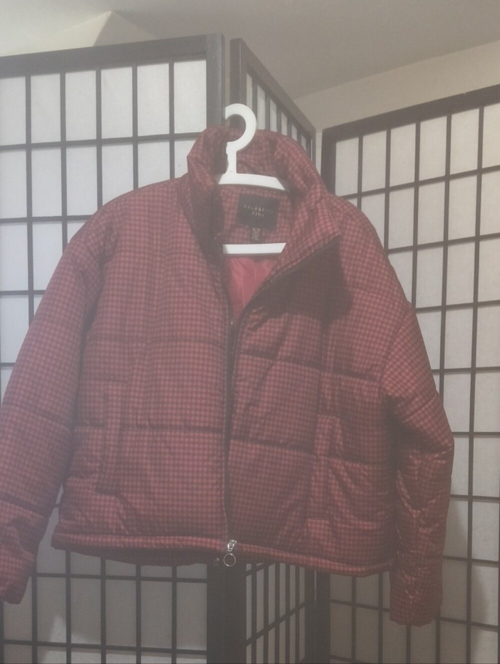 Celebrity Pink Red Plaid Cropped Puffer Jacket